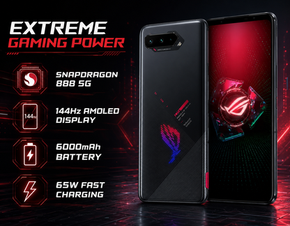 Asus ROG Phone 5 Phantom Black 5G gaming smartphone with red AMOLED display and rear camera