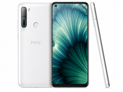 White HTC U20 5G smartphone with back, front, and right-side edge
