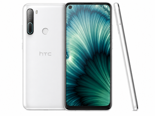White HTC U20 5G smartphone with back, front, and right-side edge