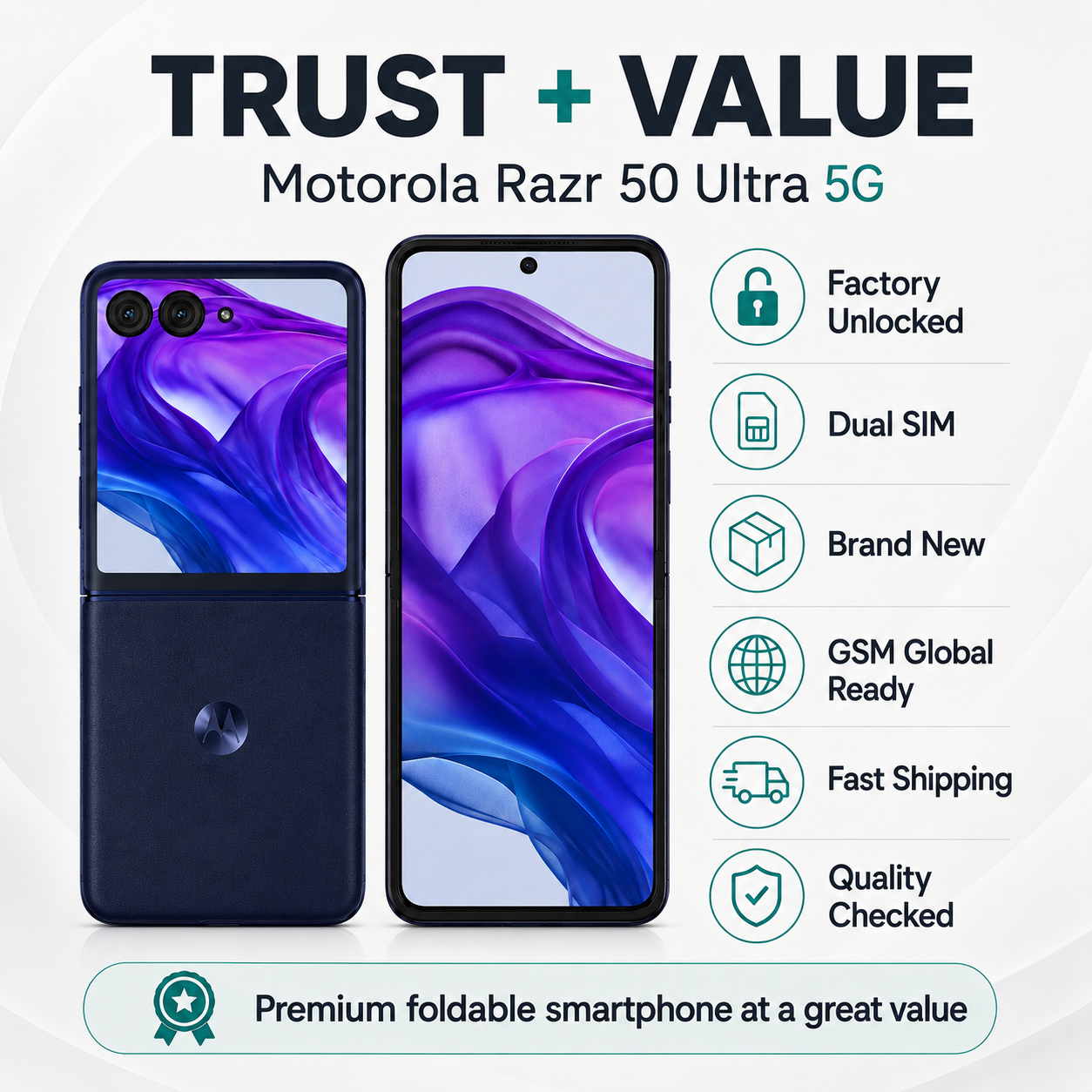 Blue foldable smartphone showing closed back and open front with purple-blue display