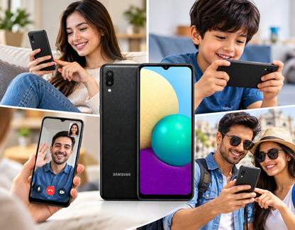 Black Samsung Galaxy A02 dual-SIM smartphone shown in hand, front and back visible