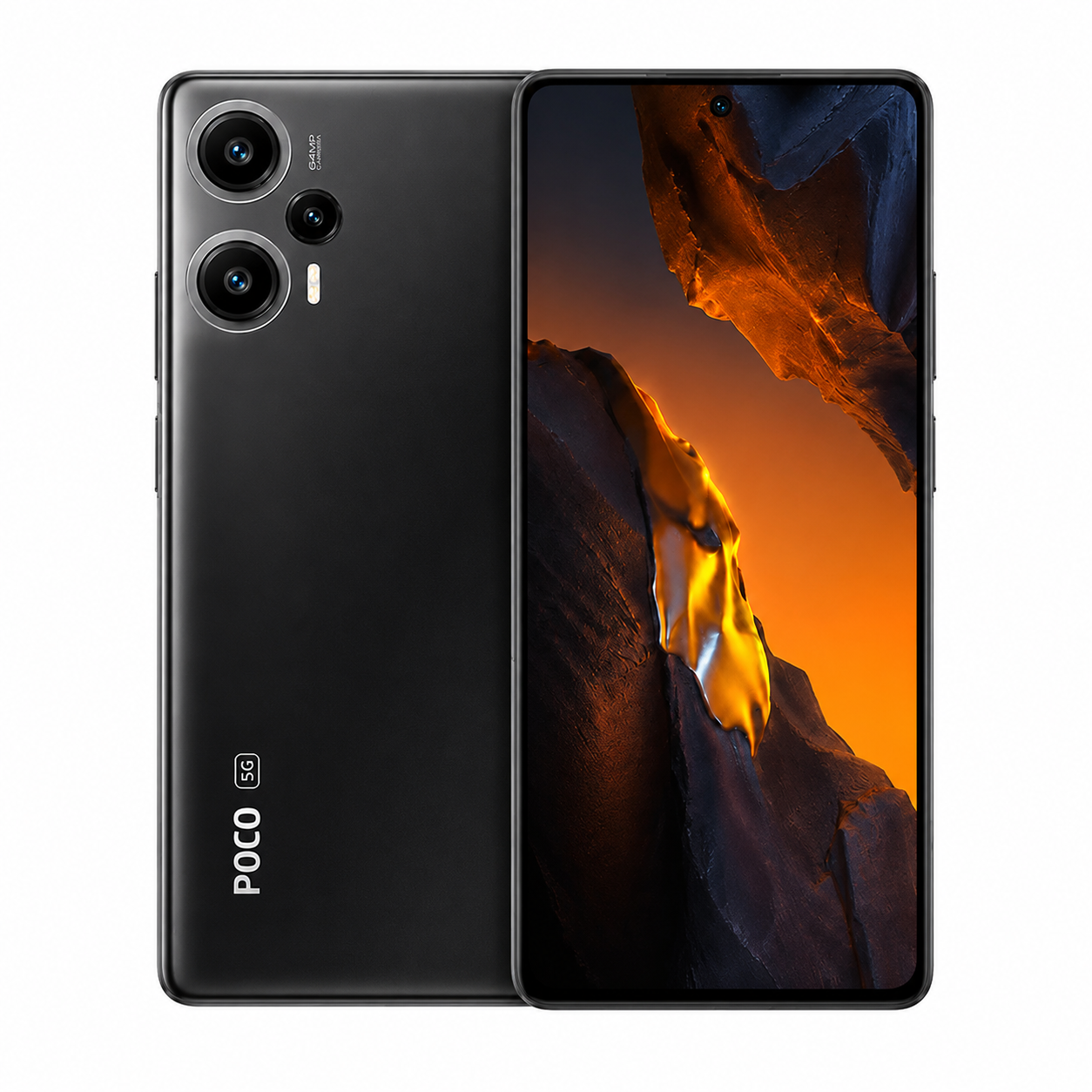 Poco F5 5G unlocked smartphone in black, front and back view with triple cameras