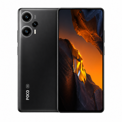 Poco F5 5G unlocked smartphone in black, front and back view with triple cameras