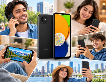 Black Samsung Galaxy A03 smartphone held by people for calls, texting, and photos