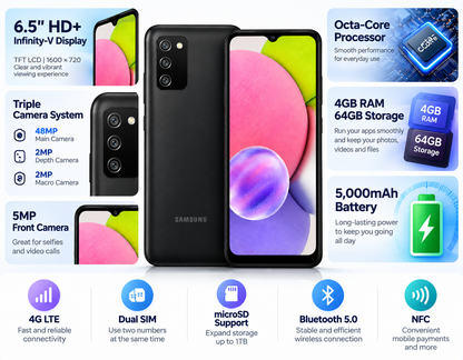 Black Samsung Galaxy A03s phone with dual rear cameras and front display