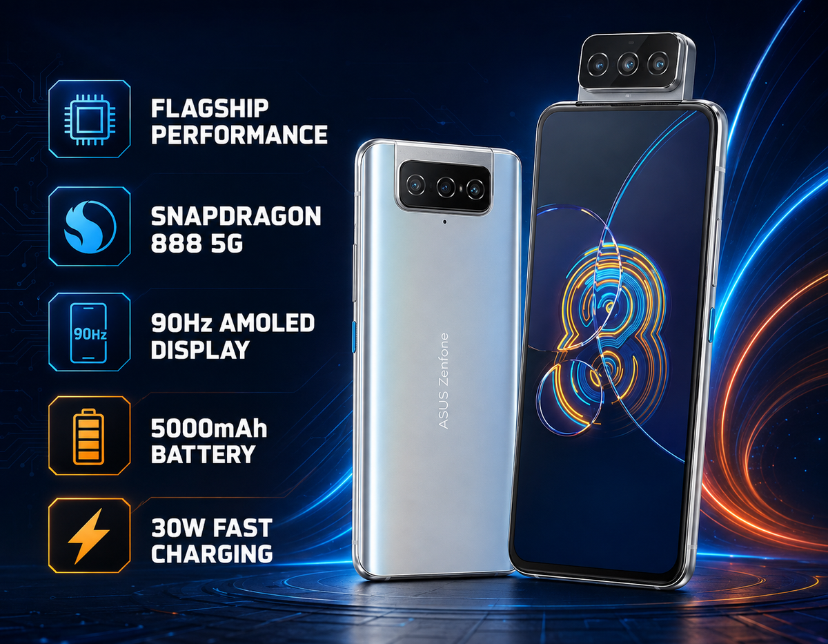 Asus Zenfone 8 Flip Silver smartphone standing with flip camera, back view and dark front display