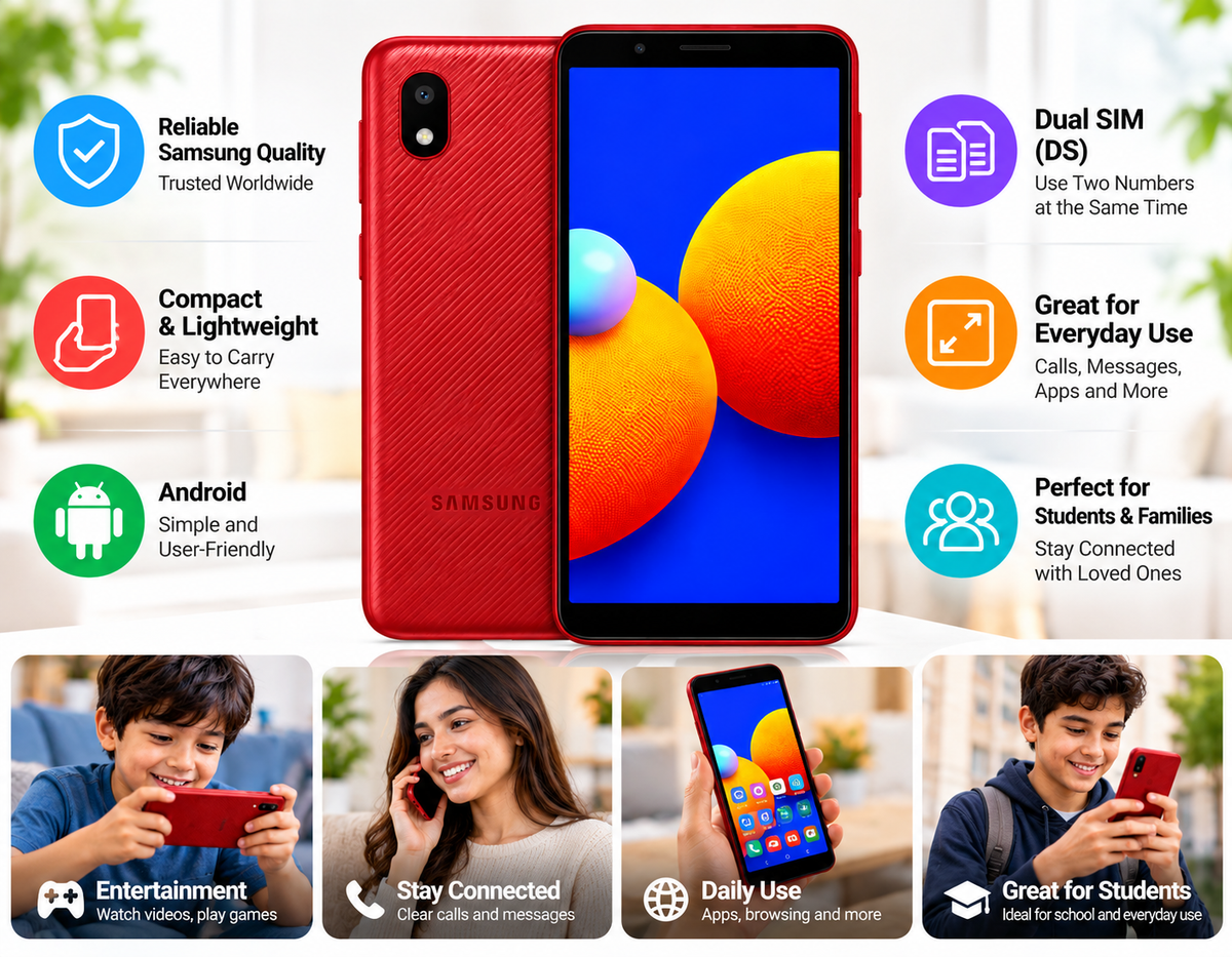 Red Samsung Galaxy A01 Core phone with front screen on and back visible, dual SIM icons.