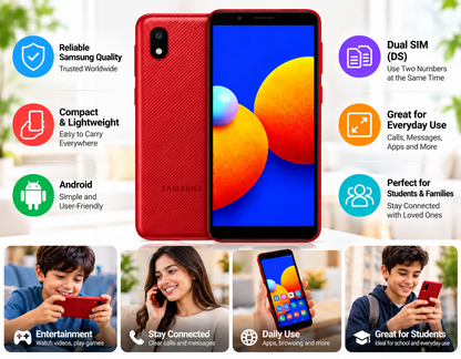 Red Samsung Galaxy A01 Core phone with front screen on and back visible, dual SIM icons.