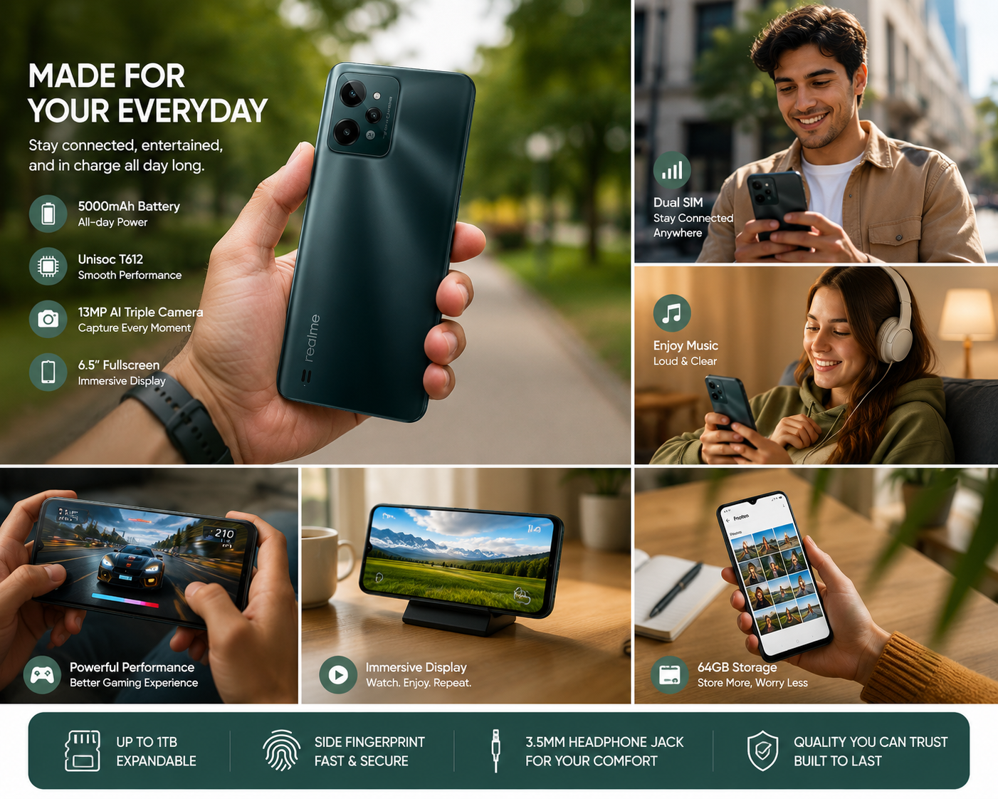 realme C31 4G Dark green realme smartphone held in hand, showing rear camera and body