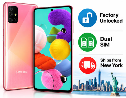 Pink Samsung Galaxy A51 smartphone showing front screen and rear triple-camera module