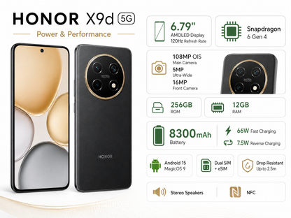 Honor X9d 5G Smartphone product panel showing front display and rear camera module
