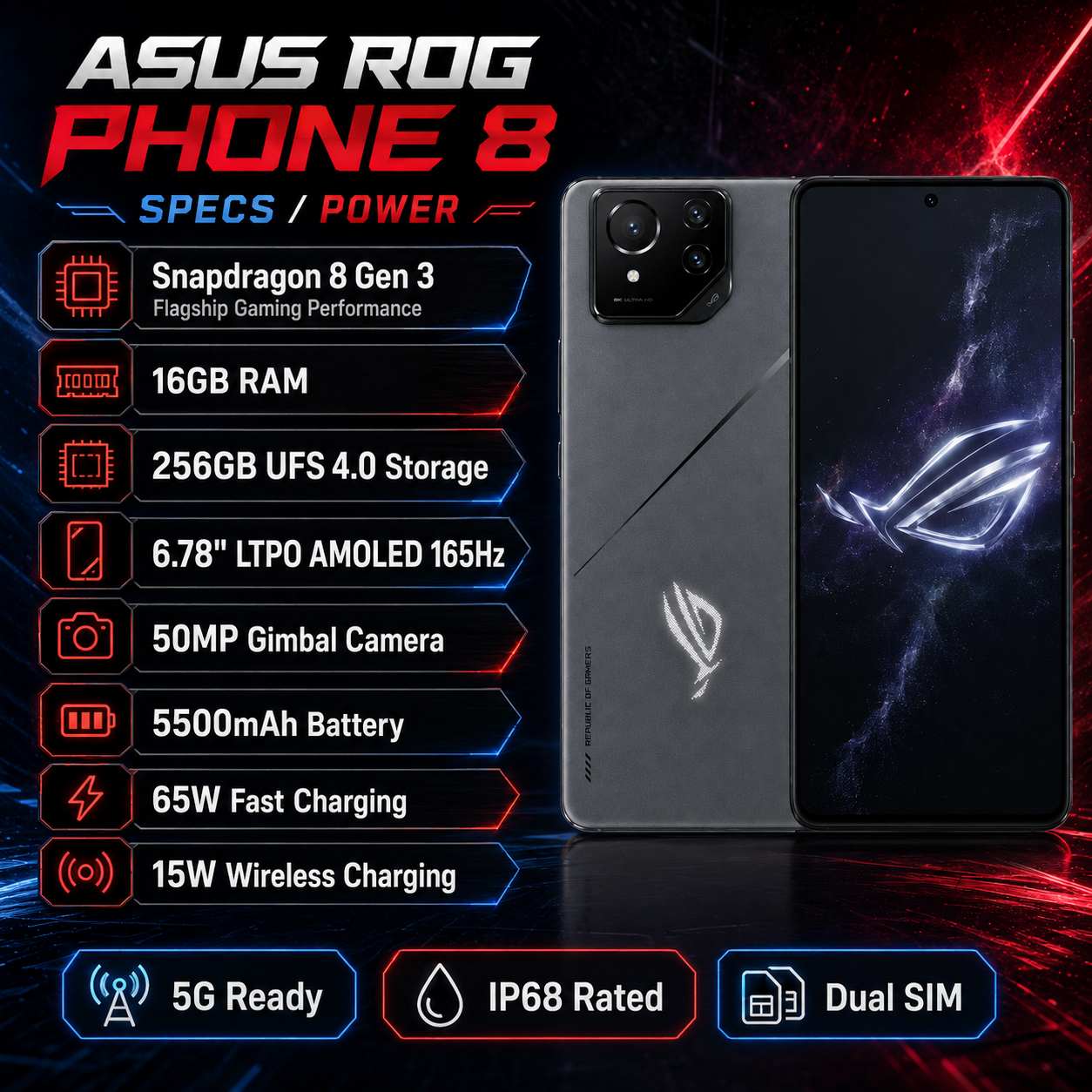 ASUS ROG Phone 8 Rebel Gray gaming smartphone, back and front visible with triple camera array.