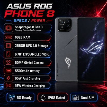 ASUS ROG Phone 8 Rebel Gray gaming smartphone, back and front visible with triple camera array.