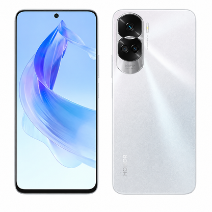 Honor 90 Lite 5G smartphone front and back view, silver body, blue display, triple cameras