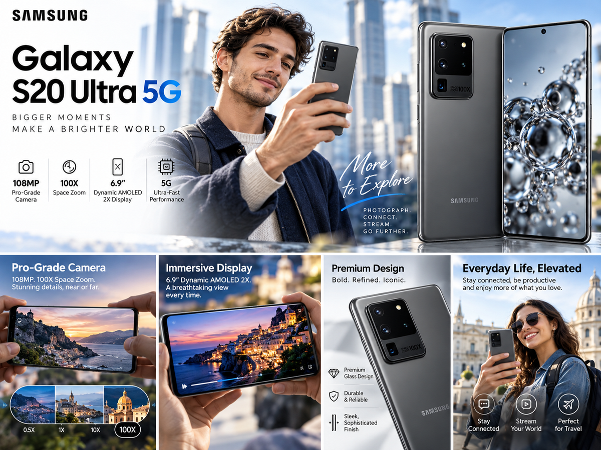 Samsung Galaxy S20 Ultra 5G  Cosmic gray Samsung smartphone held by a man, with phone front and back shown too