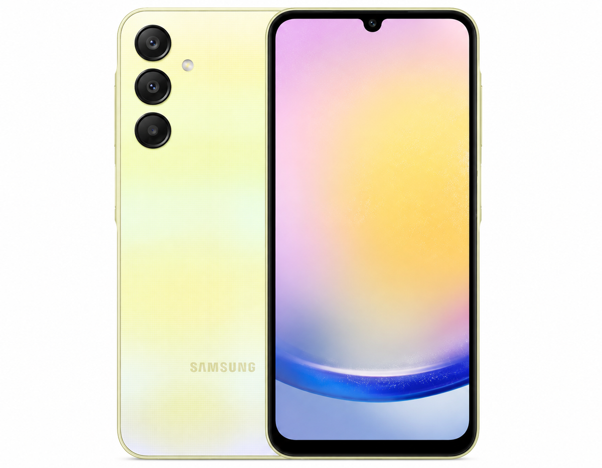 Samsung Galaxy A25 5G Yellow Samsung phone back and front, triple rear cameras and large rounded display