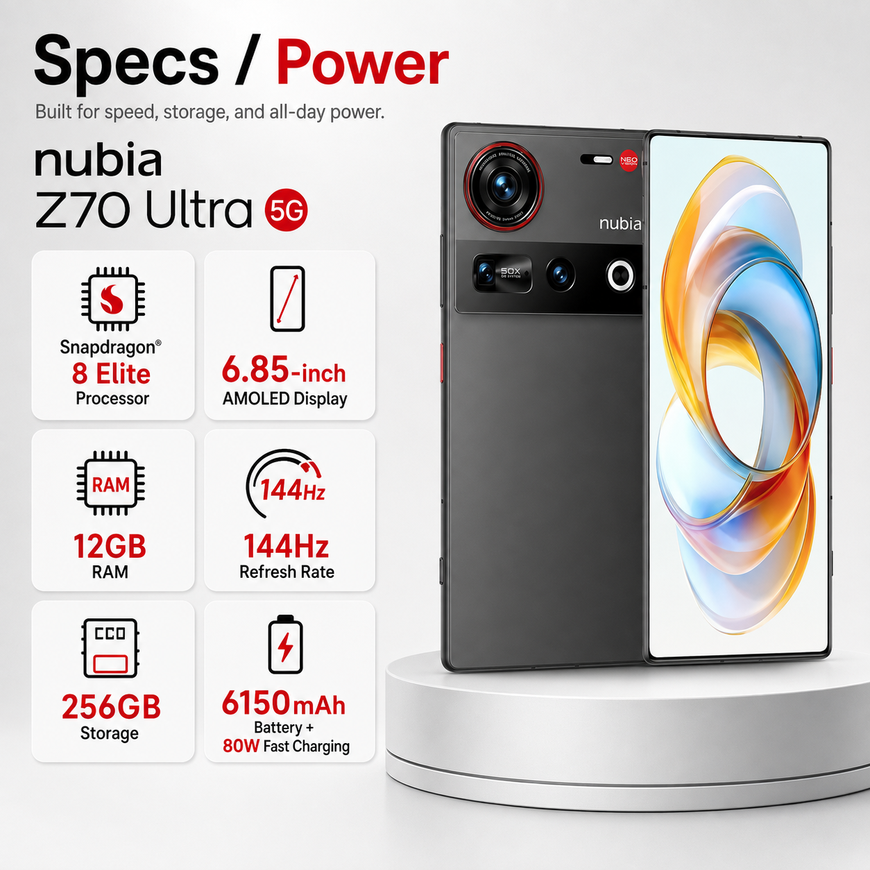 Black Nubia Z70 Ultra 5G smartphone, front and back with curved red-and-orange display.