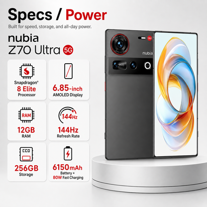 Black Nubia Z70 Ultra 5G smartphone, front and back with curved red-and-orange display.