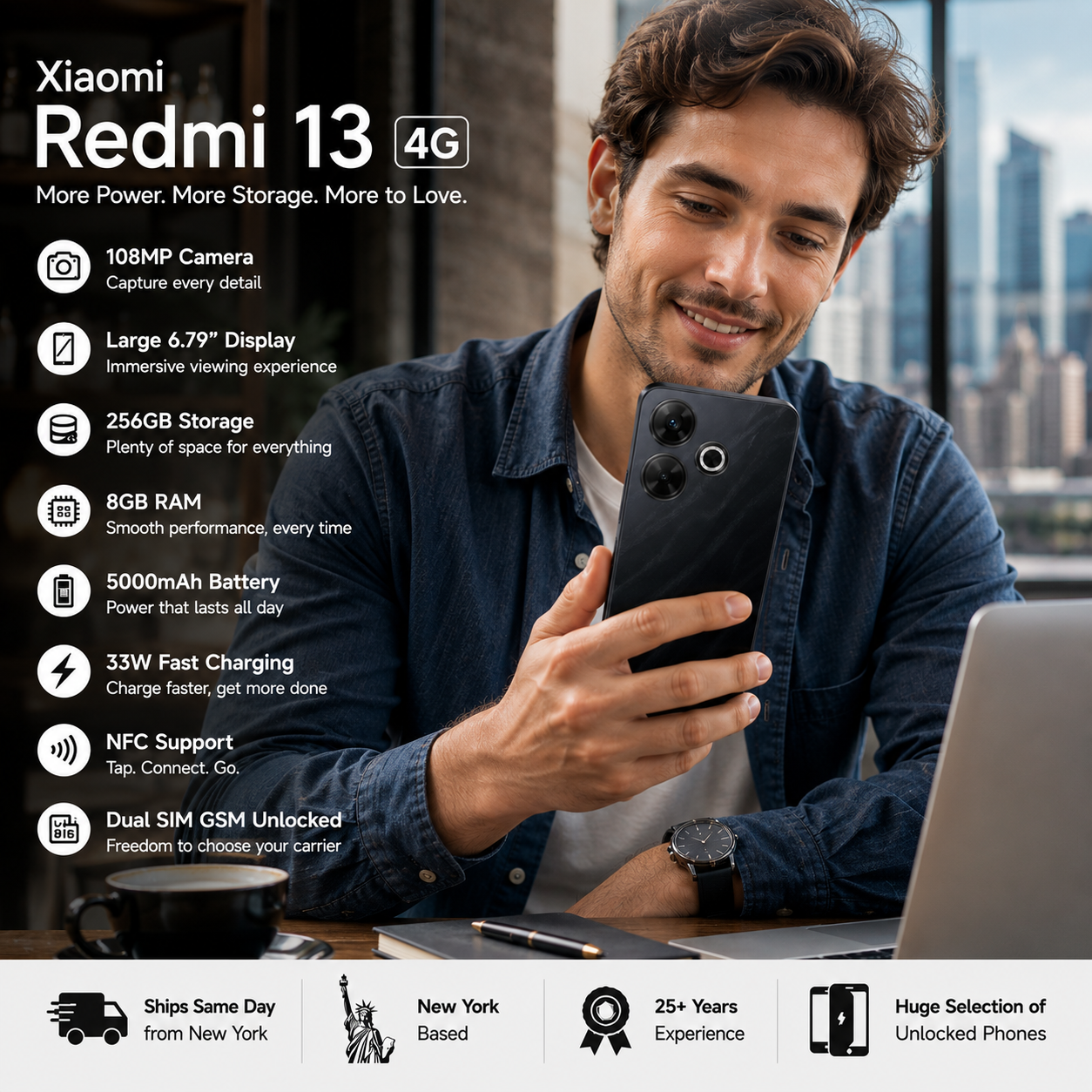 Xiaomi Redmi 13 4G Dual SIM 256GB ROM 8GB RAM GSM Unlocked - Black