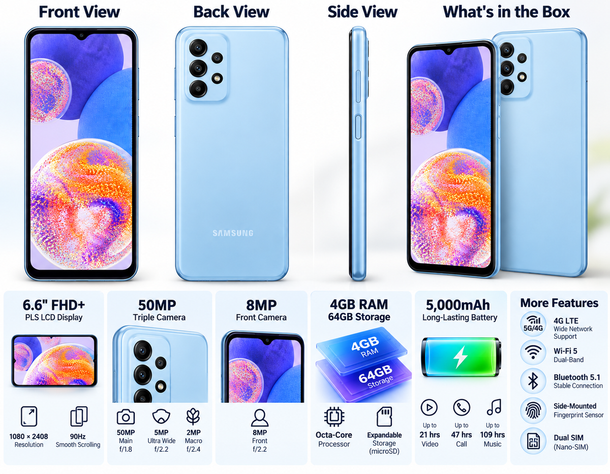 Samsung Galaxy A23 views: front, back, and side of blue dual SIM phone