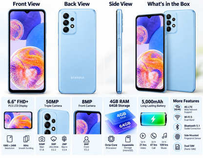 Samsung Galaxy A23 views: front, back, and side of blue dual SIM phone
