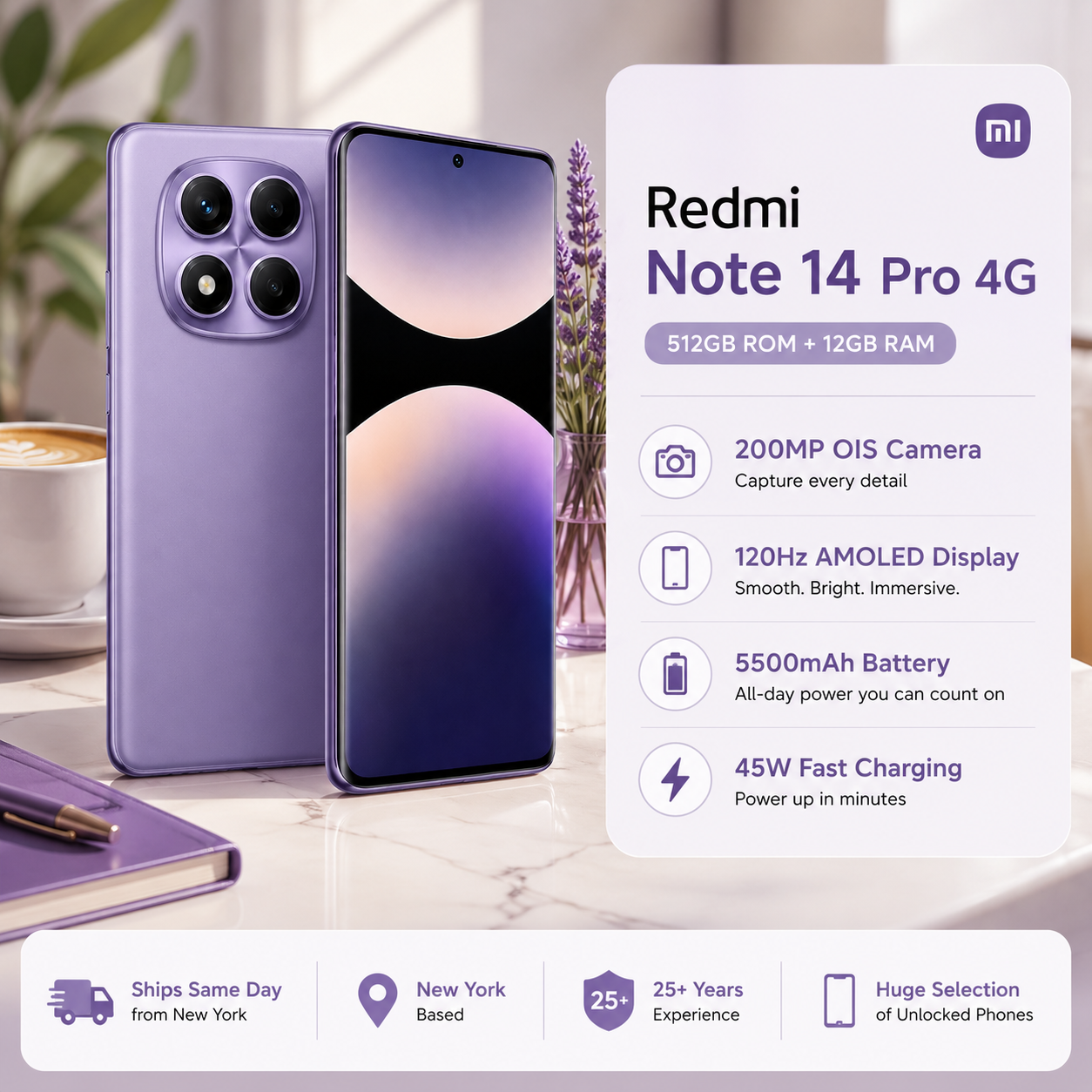 Xiaomi Redmi Note 14 Pro 4G 512GB ROM 12GB RAM Dual SIM GSM Unlocked - Aurora Purple