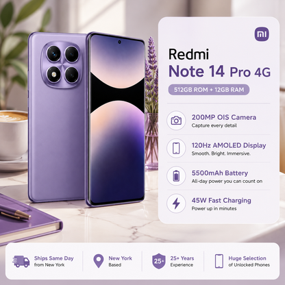 Xiaomi Redmi Note 14 Pro 4G 512GB ROM 12GB RAM Dual SIM GSM Unlocked - Aurora Purple