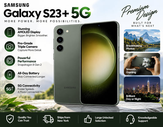 Samsung Galaxy S23+ 5G phone with triple rear camera and curved display