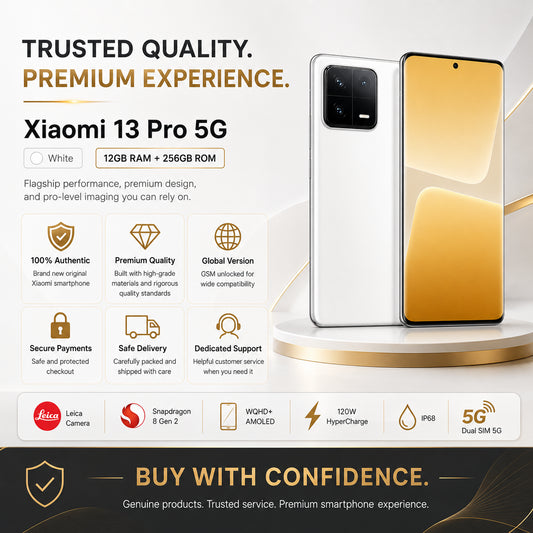 White Xiaomi 13 Pro phone, front and back with gold screen.