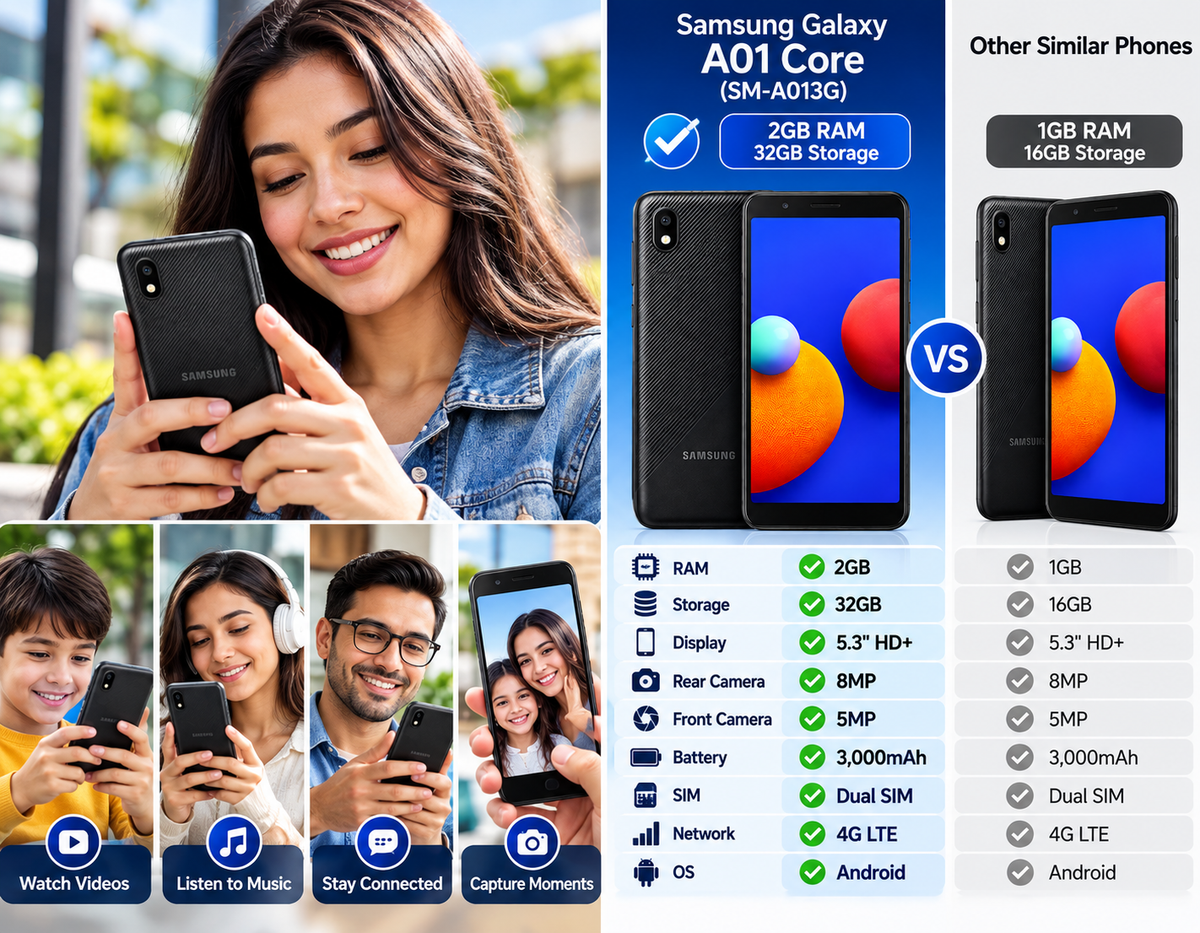 Black Samsung Galaxy A01 Core phone held in hand, front and back visible