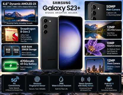 Samsung Galaxy S23+ black smartphone with front screen and multiple rear cameras