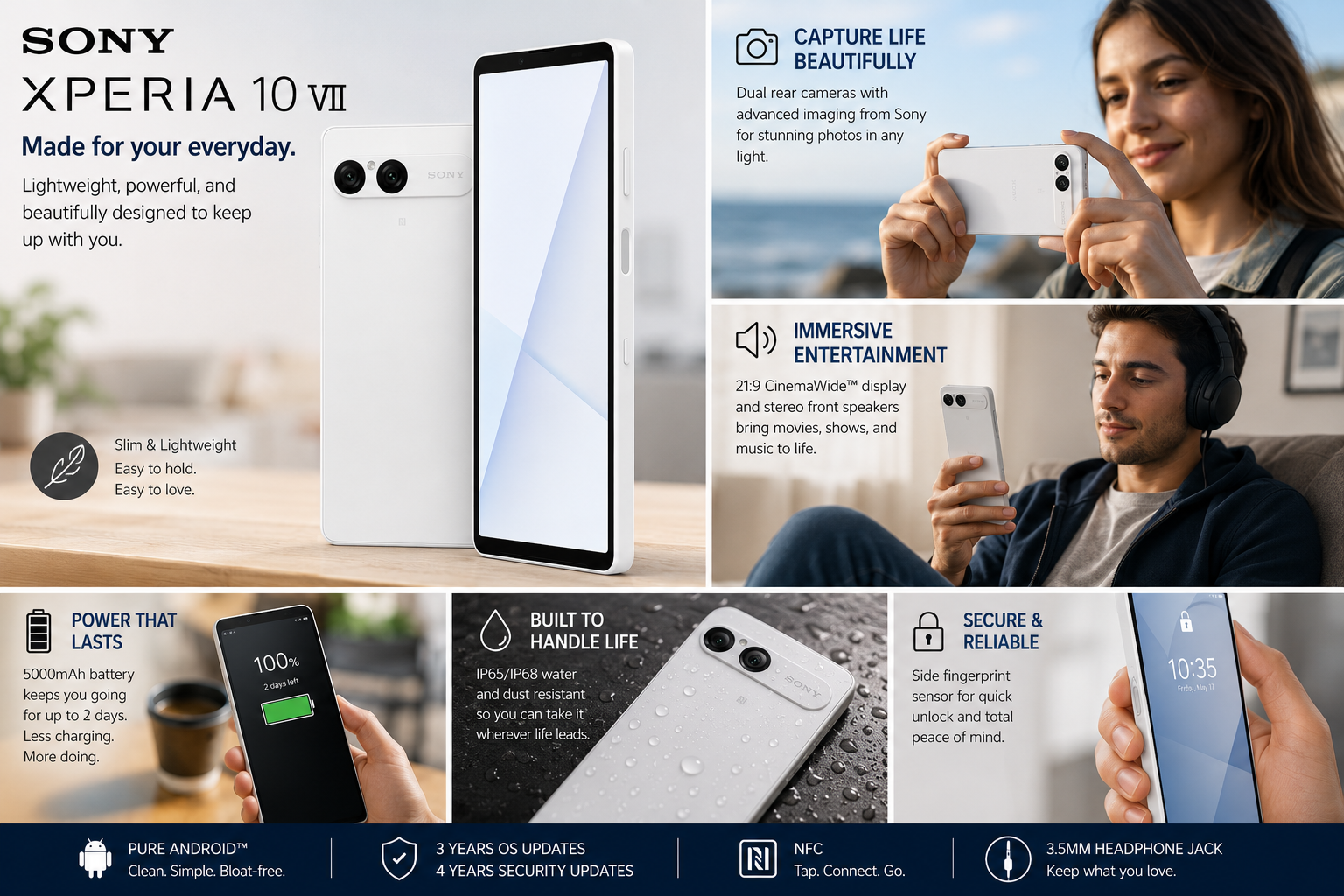 Sony Xperia 10 VII XQ-FE72 5G White Sony Xperia phone, rear camera close-up with side profile