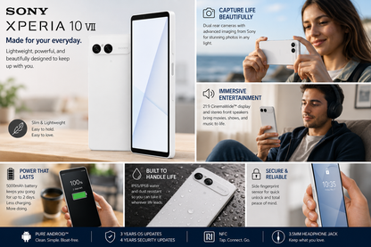 Sony Xperia 10 VII XQ-FE72 5G White Sony Xperia phone, rear camera close-up with side profile