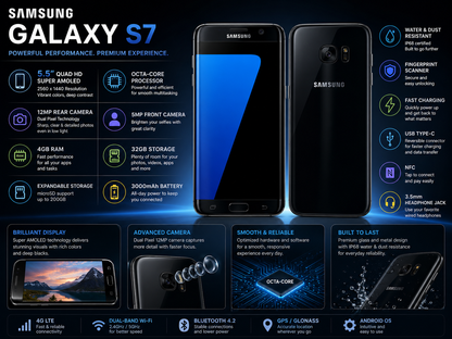 Samsung Galaxy S7 Black Samsung smartphone with blue screen, front and back shown together.