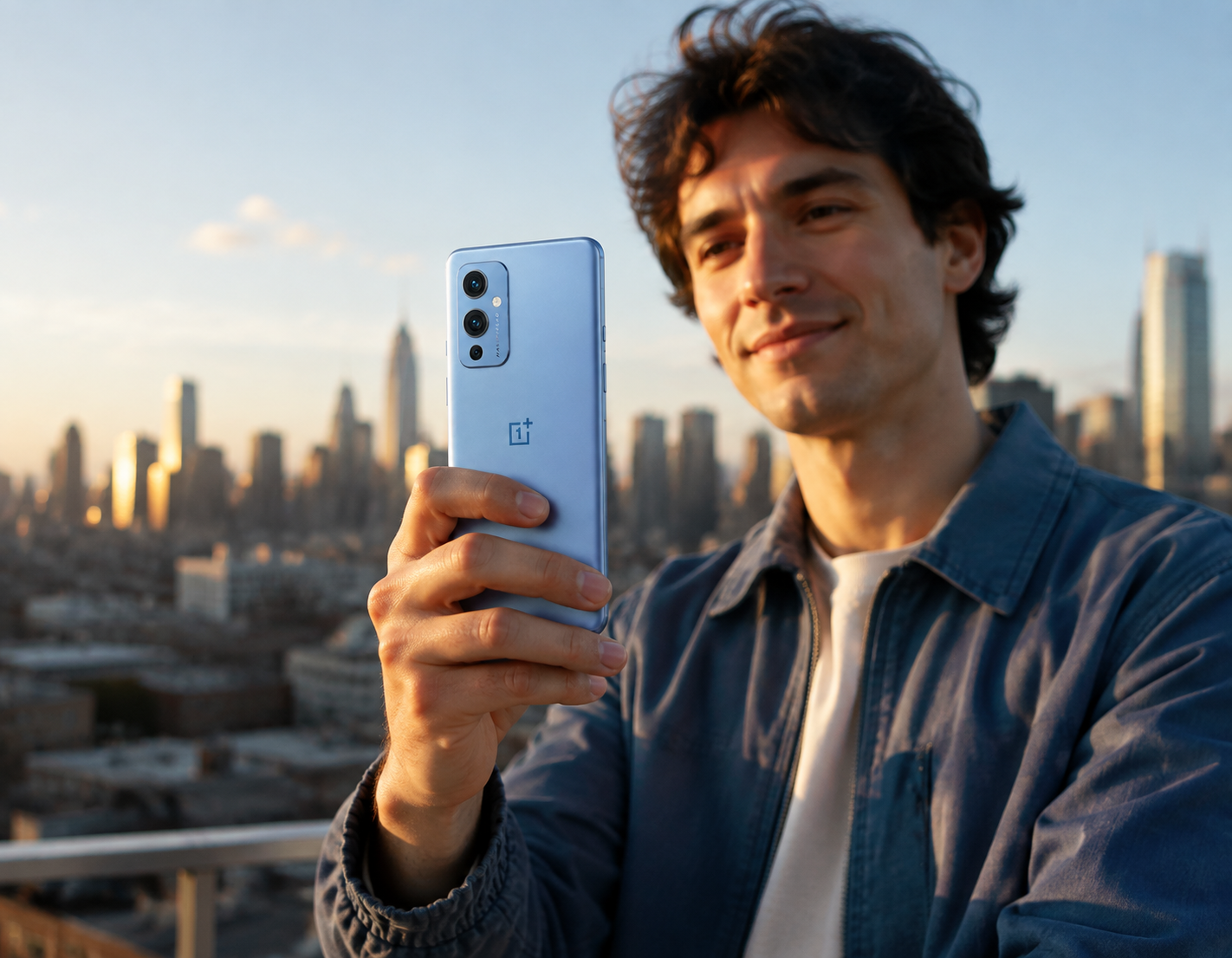 Blue OnePlus 9 5G smartphone held in hand, front screen facing forward