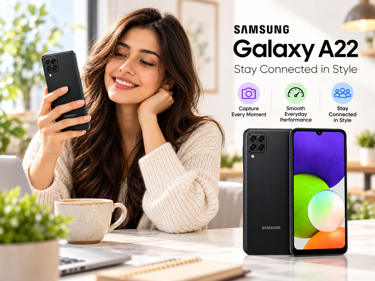 Samsung Galaxy A22 4G Black Samsung smartphone in a hand with purple front display and rear quad camera