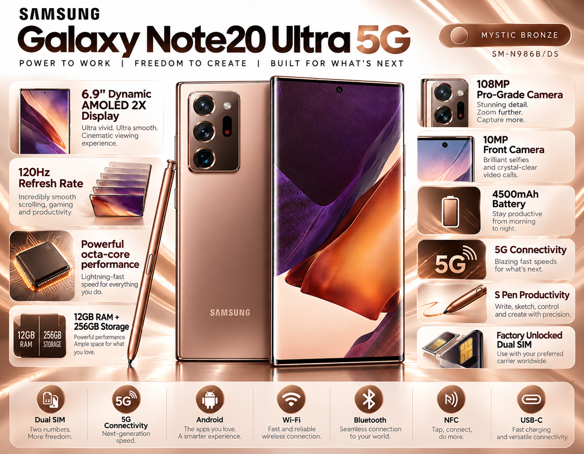 Samsung Galaxy Note 20 Ultra 5G Bronze Samsung phone front and back with purple AMOLED display, quad cameras