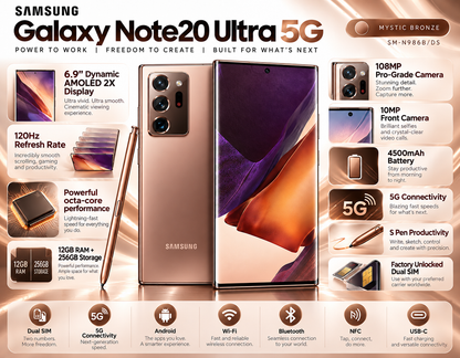 Samsung Galaxy Note 20 Ultra 5G Bronze Samsung phone front and back with purple AMOLED display, quad cameras