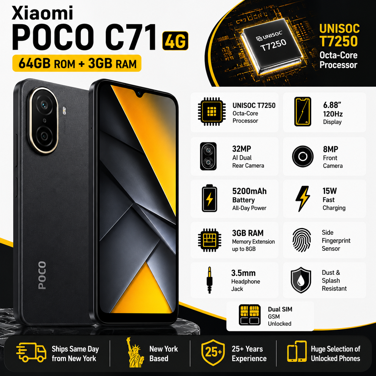 Xiaomi Poco C71 4G 64GB ROM 3GB RAM Dual SIM GSM Unlocked - Black