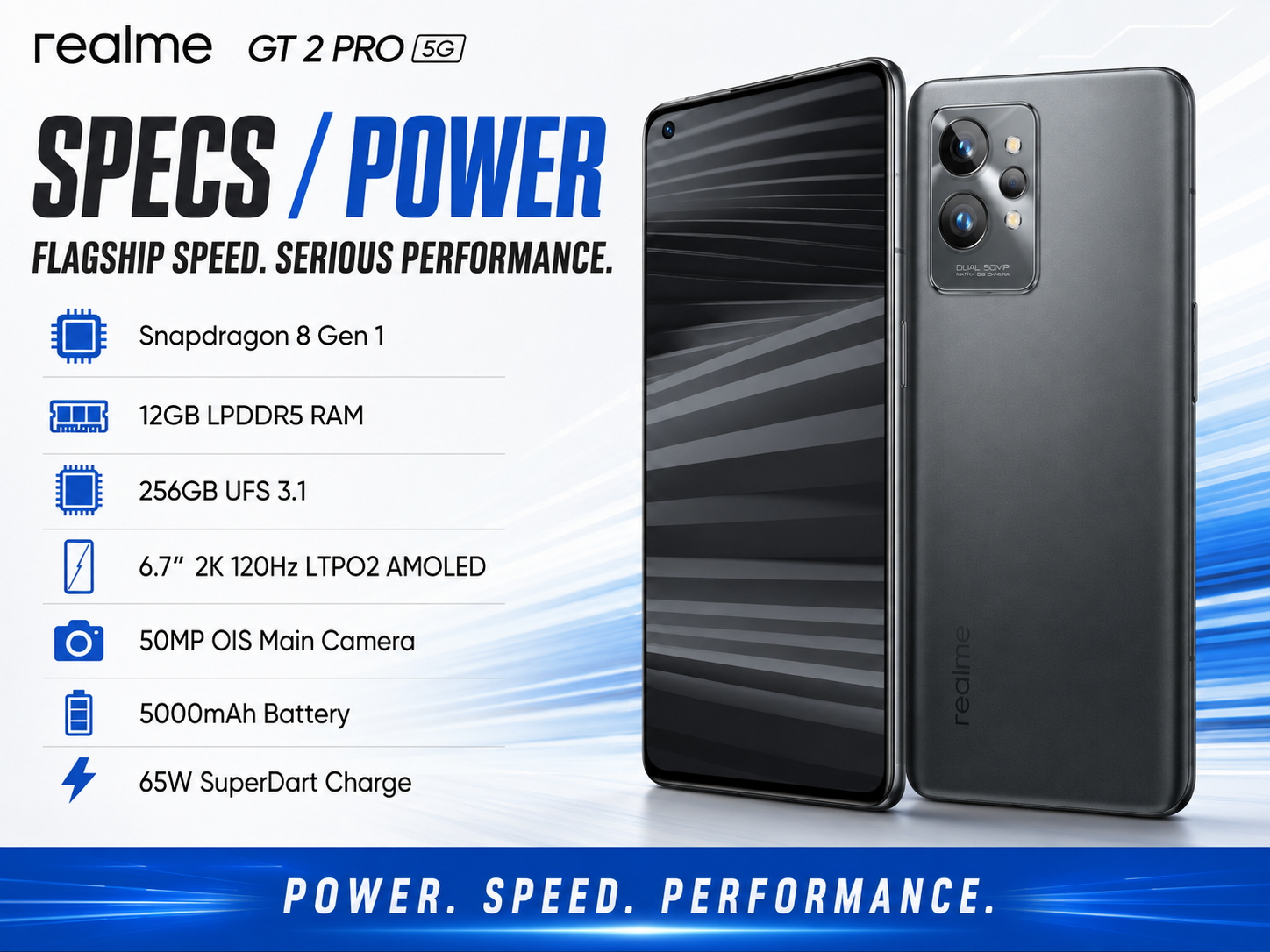 Realme GT 2 Pro 5G Black smartphone showing front display and rear triple-camera module, angled front-back view