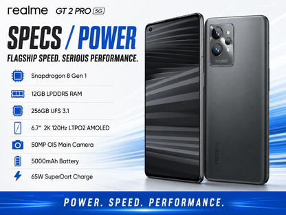Realme GT 2 Pro 5G Black smartphone showing front display and rear triple-camera module, angled front-back view