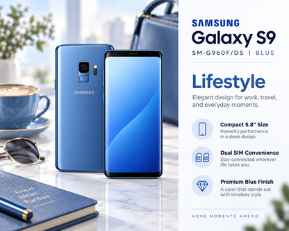 Blue Samsung Galaxy S9 smartphone, front display and back panel with camera module
