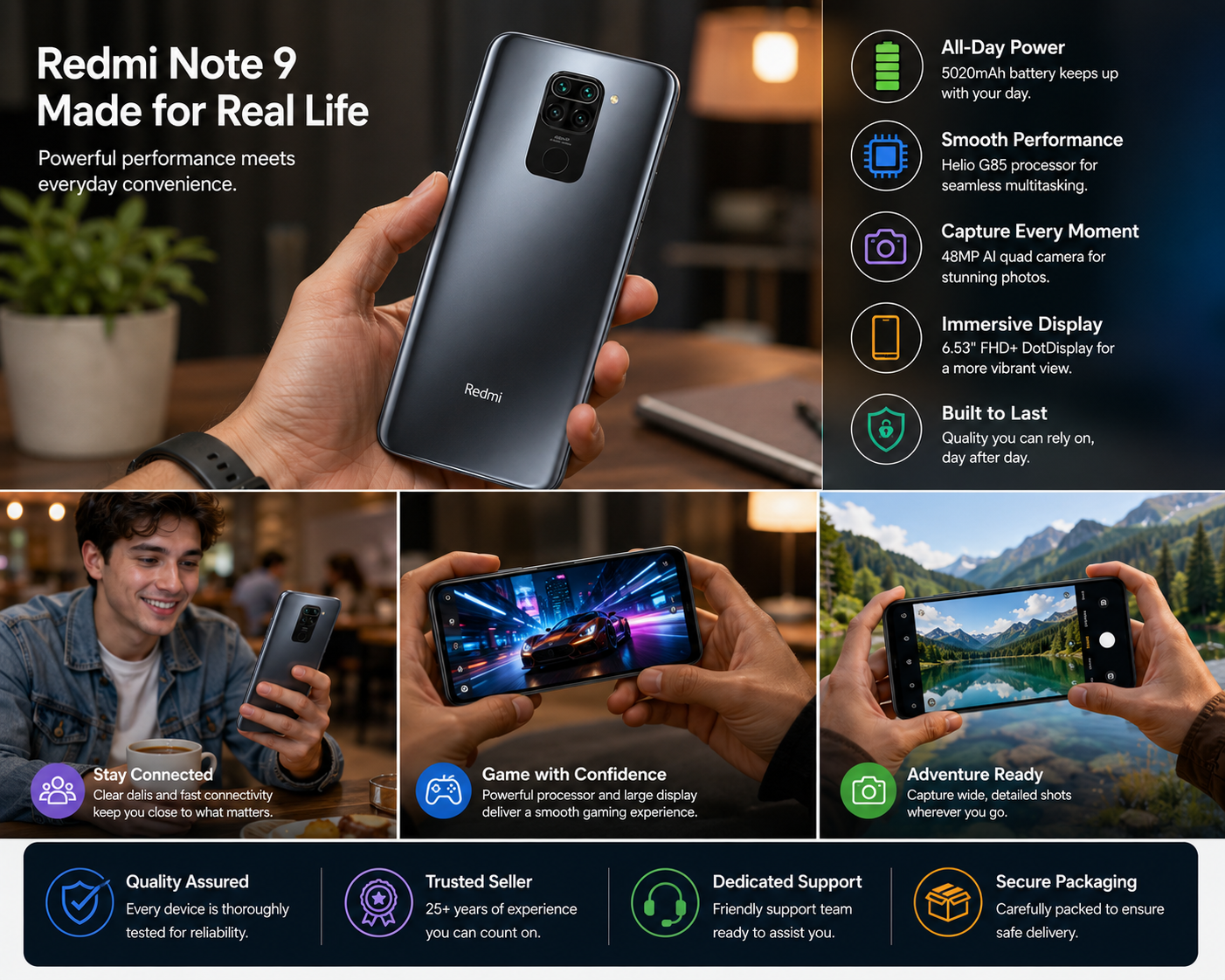Xiaomi Redmi Note 9 4GB RAM + 128GB, 48MP Quad Camera Unlocked - Onyx Black