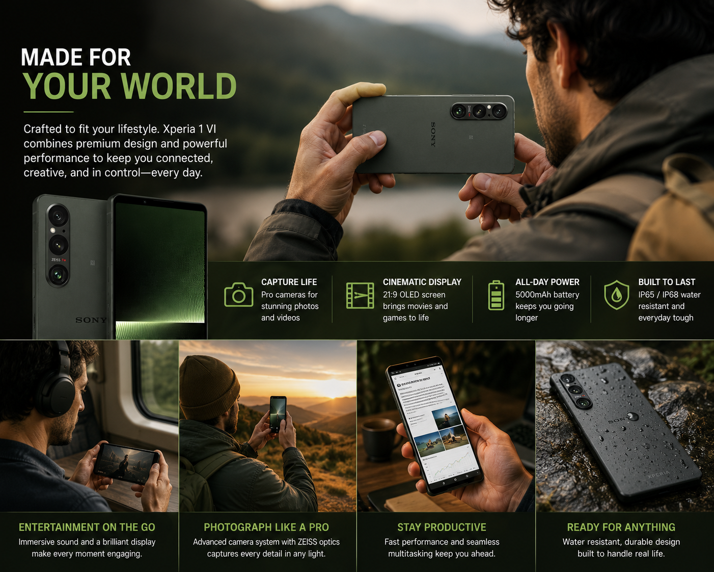 Sony Xperia 1 VI XQ-EC72 5G Dark green Sony Xperia smartphone held in hand, rear cameras visible