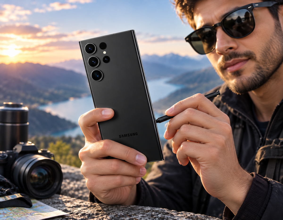 Samsung Galaxy S23 Ultra 5G Man holding black Samsung smartphone outdoors, with camera nearby