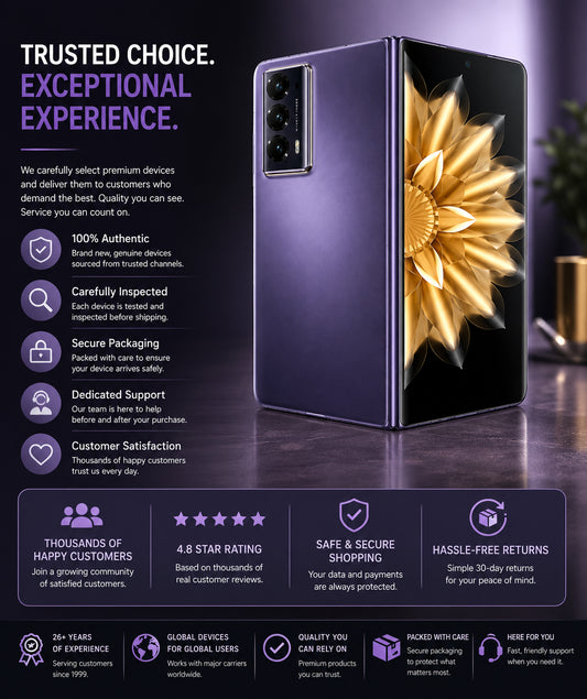 Purple foldable smartphone open, gold flower wallpaper on inner display