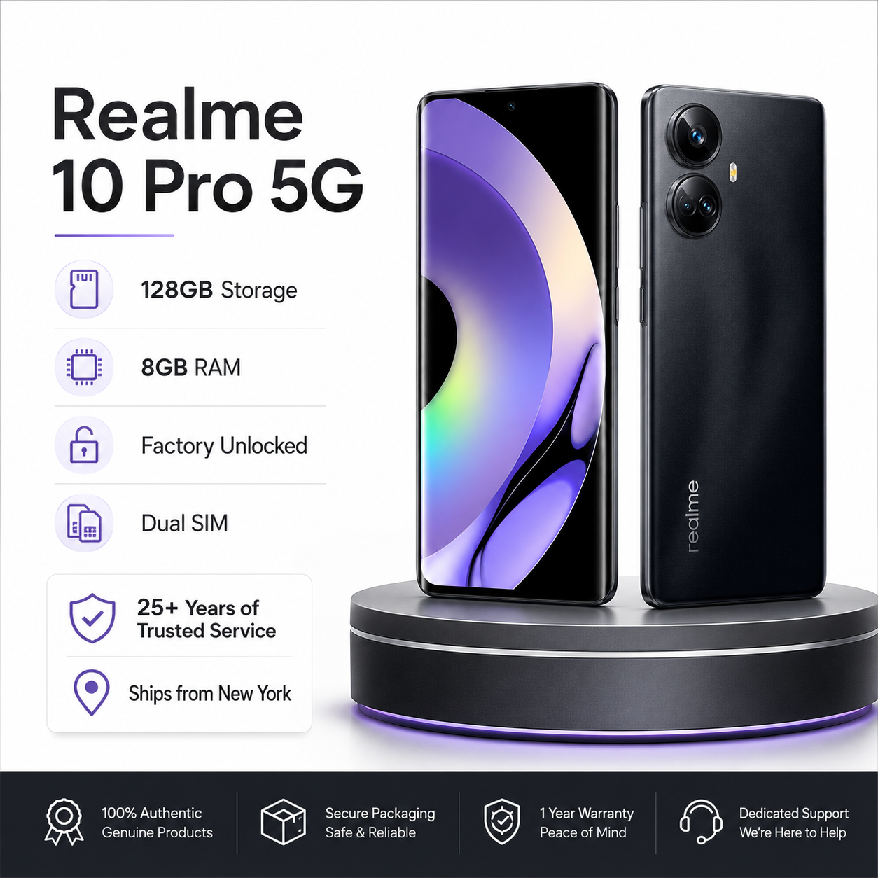 Realme 10 Pro 5G Black smartphone with purple display and dual rear cameras, front and back views.