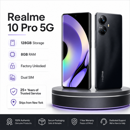 Realme 10 Pro 5G Black smartphone with purple display and dual rear cameras, front and back views.