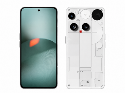 Nothing Phone (3) 5G White smartphone front and exposed rear panel shown together