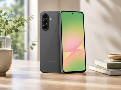 Graphite Samsung Galaxy A56 5G smartphone, front and back view, dual rear cameras